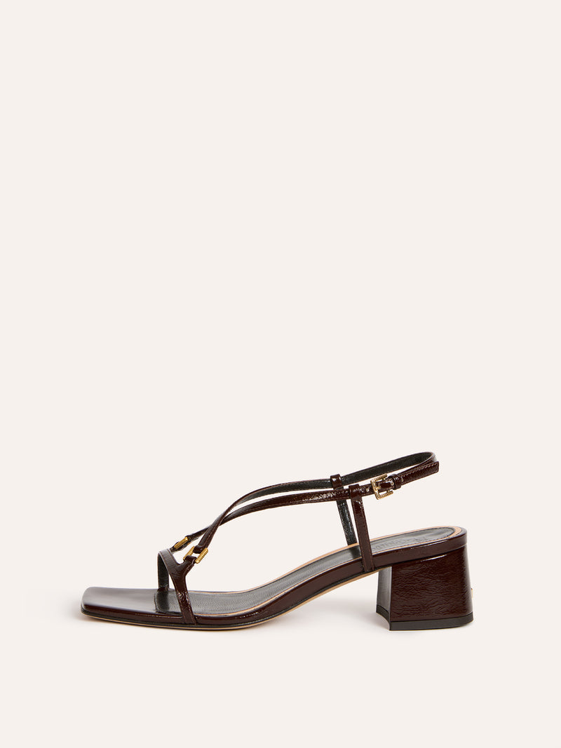 EMI brown patent leather kitten heel sandals, side view by Rouje