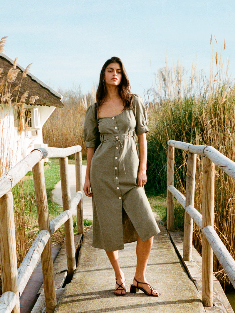 JULIA khaki long lace-up button-down dress, additional view by Rouje