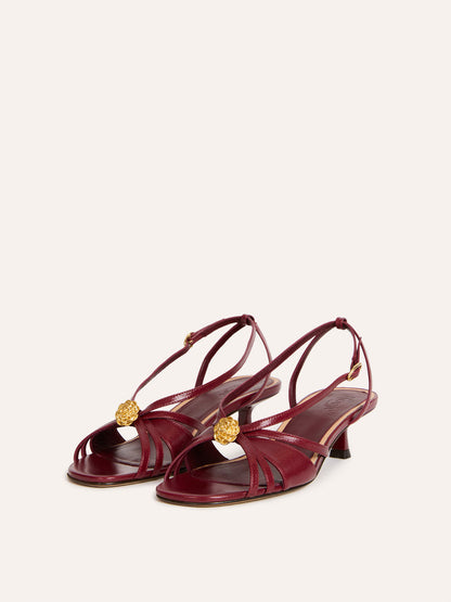 KATH aged burgundy leather sandals, side view by Rouje