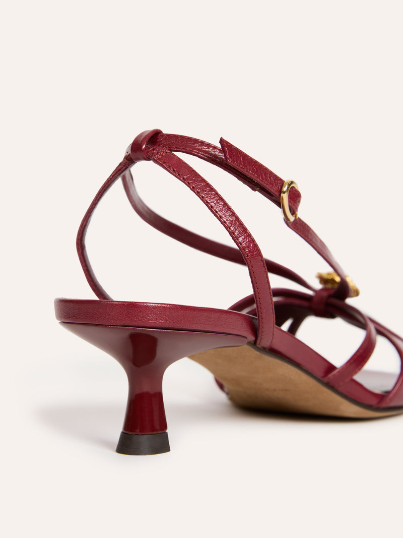 KATH aged burgundy leather sandals, back view by Rouje