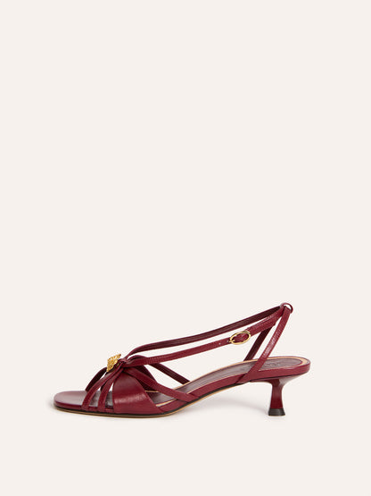 KATH aged burgundy leather sandals, top view by Rouje