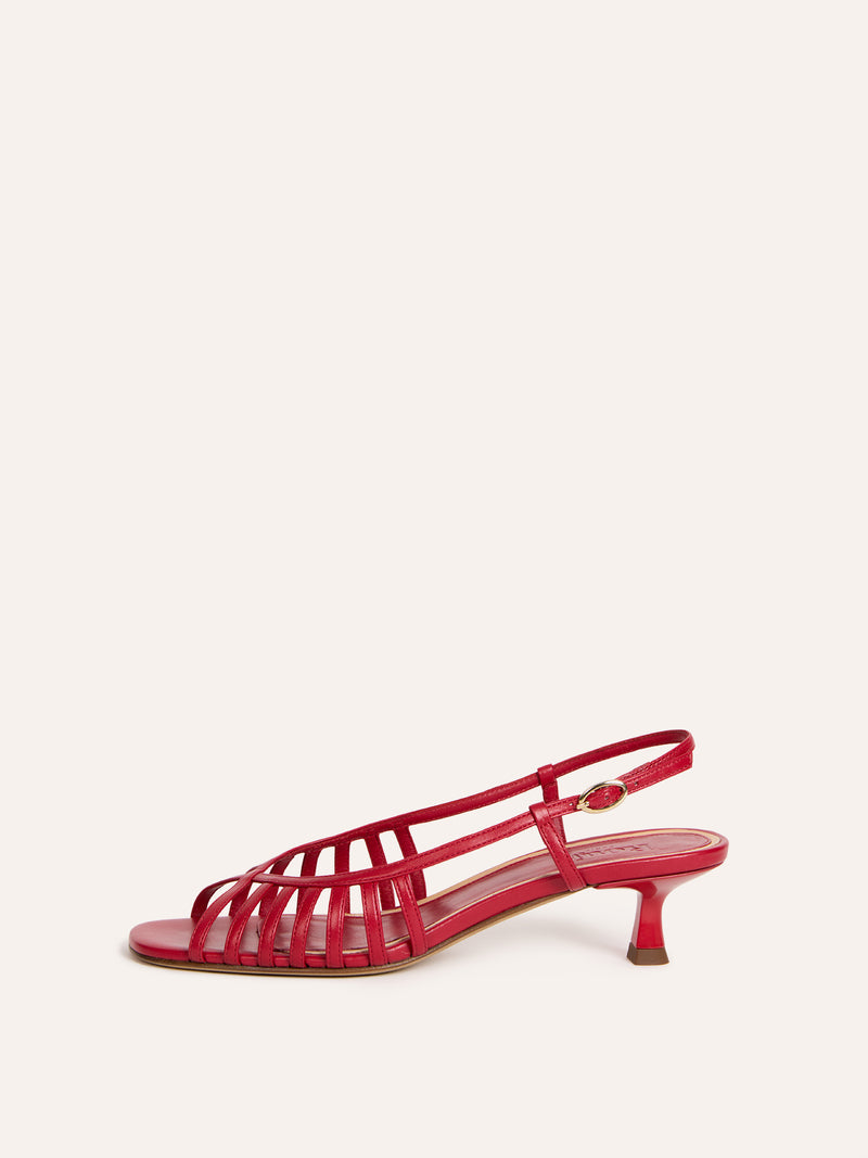 LOREN red leather multi-strap kitten heel sandals, front view by Rouje