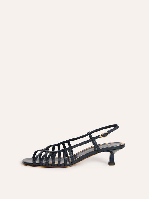 LOREN denim leather multi-strap kitten heel sandals, front view by Rouje