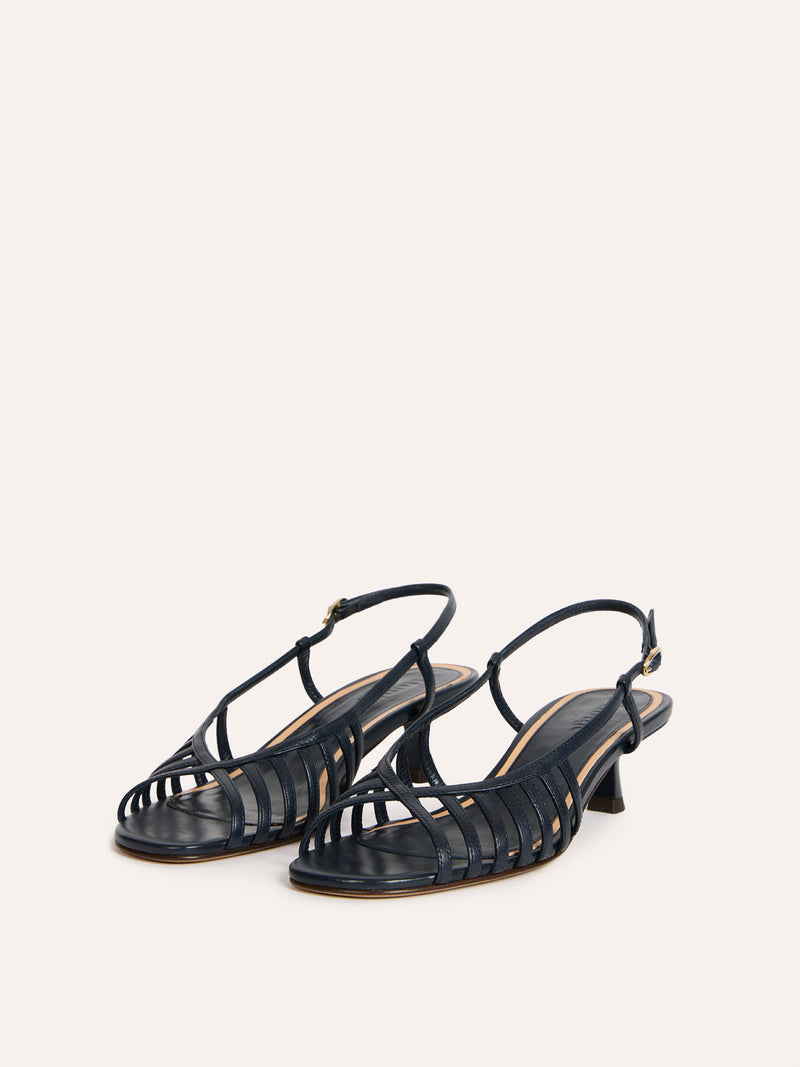 LOREN denim leather multi-strap kitten heel sandals, back view by Rouje