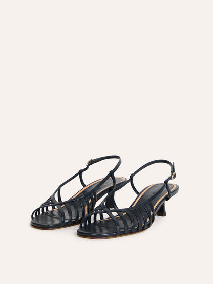 LOREN denim leather multi-strap kitten heel sandals, back view by Rouje