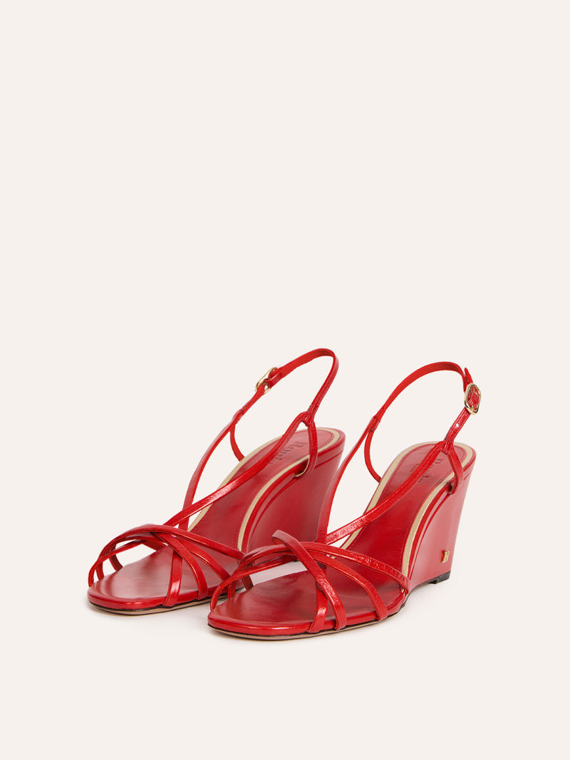 NINE red leather cross-strap wedge sandals, side view by Rouje