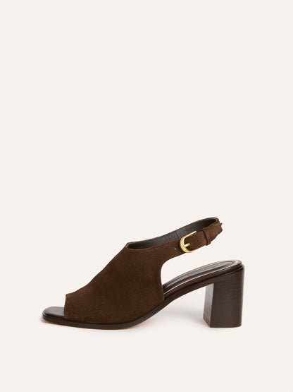 SEVILLANE ebony suede open-toe high-heel sandals, front view by Rouje