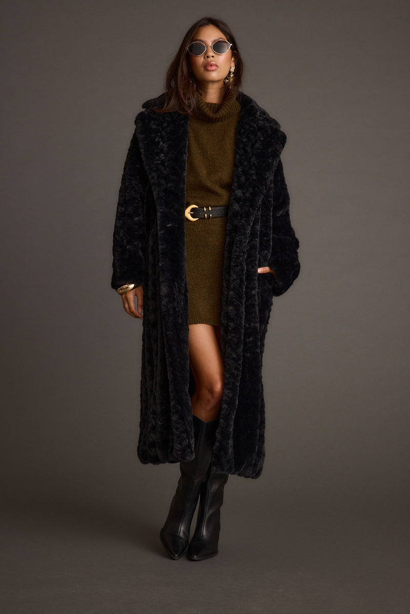 Detail shot of the Sasha Black Floor Length Coat highlighting the design elements.