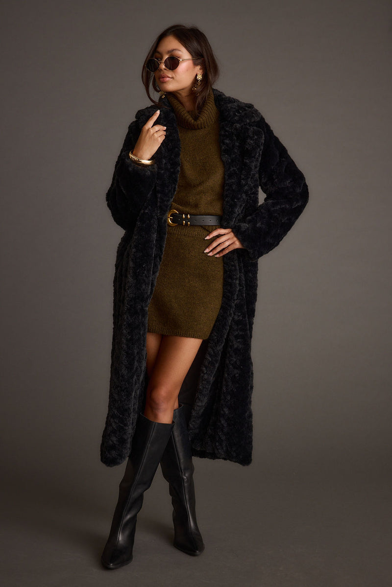Additional view of the Sasha Black Floor Length Coat from a different perspective.