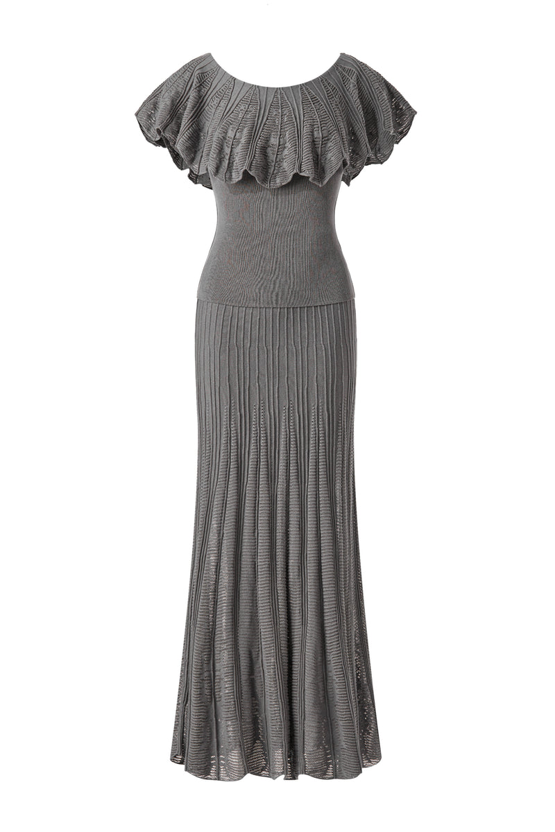 Scalloped ruffle off-shoulder knit set