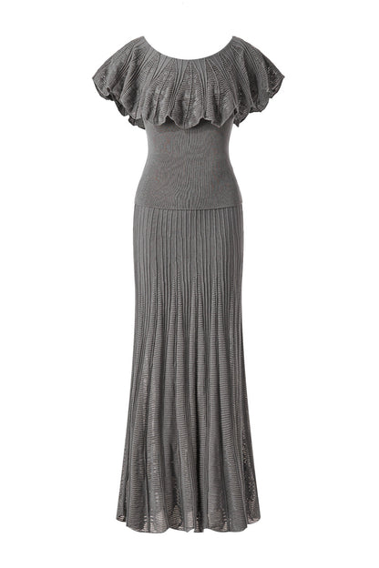 Scalloped ruffle off-shoulder knit set