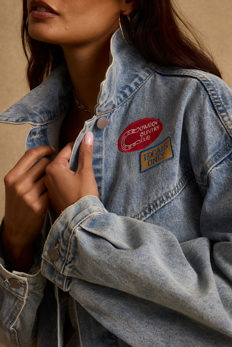 Scout Denim Jacket styled in a complete look from an alternate angle.