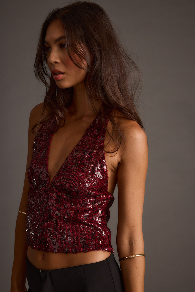 Additional view of the Selena Mulberry Sequin Halter Top from a different perspective.