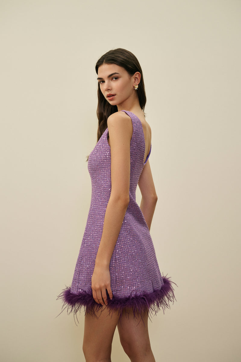 Sequin fur hem mini dress