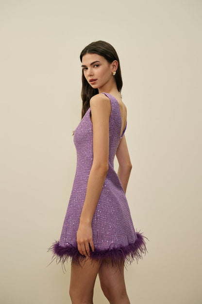 Sequin fur hem mini dress