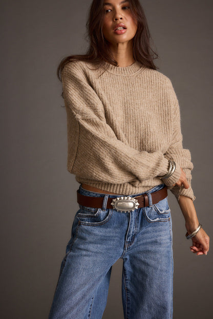 Close-up of the Shae Taupe Pullover Sweater showcasing the fabric texture and design details.