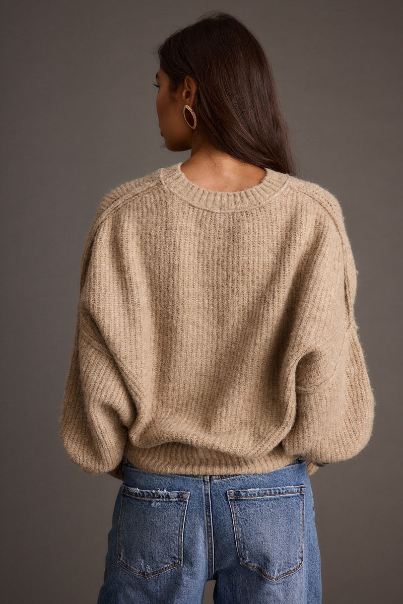 Shae Taupe Pullover Sweater shown in a complementary styling arrangement.