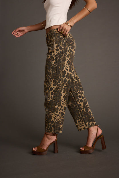 Back view of the leopard print jeans showing the silhouette and fit.
