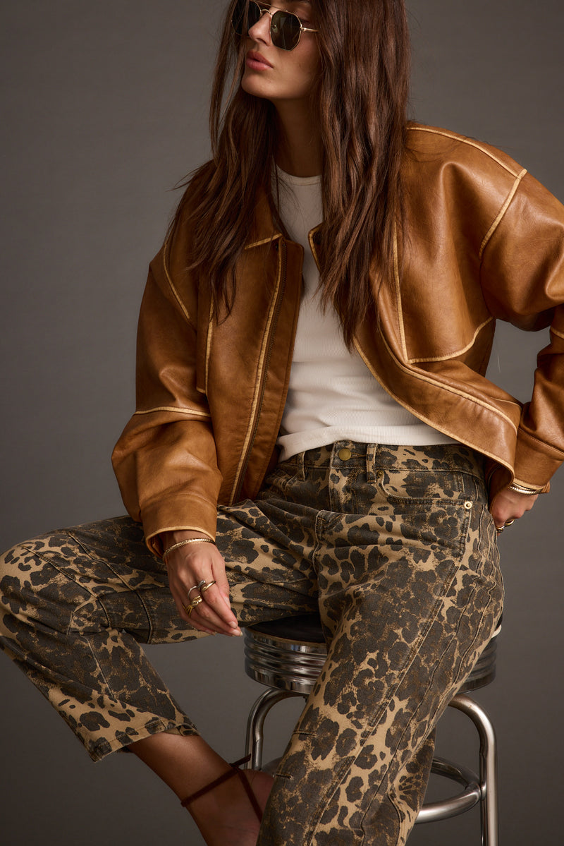 Product view of the Muse Leopard Barrel Jeans showcasing versatility and wearability.