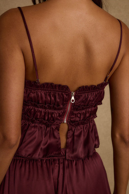 Additional view of the Dahlia Mulberry Satin Tank from a different perspective.