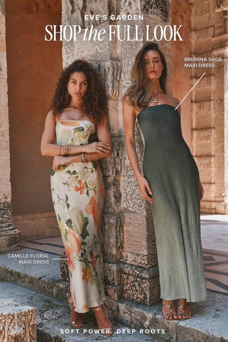 Camille floral and Brianna sage maxi dresses styled as women's resort outfits by stone columns.