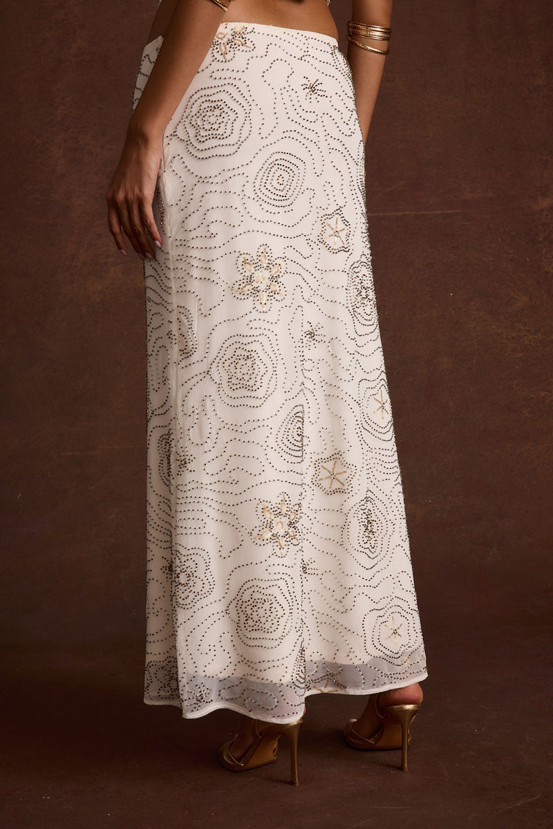 Julia White Beaded Maxi Skirt styled in a complete look from an alternate angle.