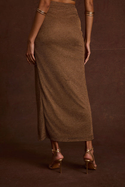 Close-up of the Toulouse Bronze Maxi Skirt showcasing the fabric texture and design details.