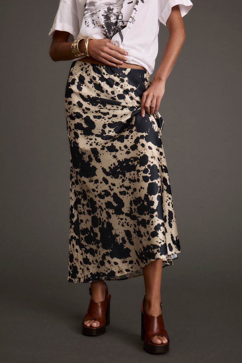 Kacey Cowhide Maxi Skirt shown in a complementary styling arrangement.