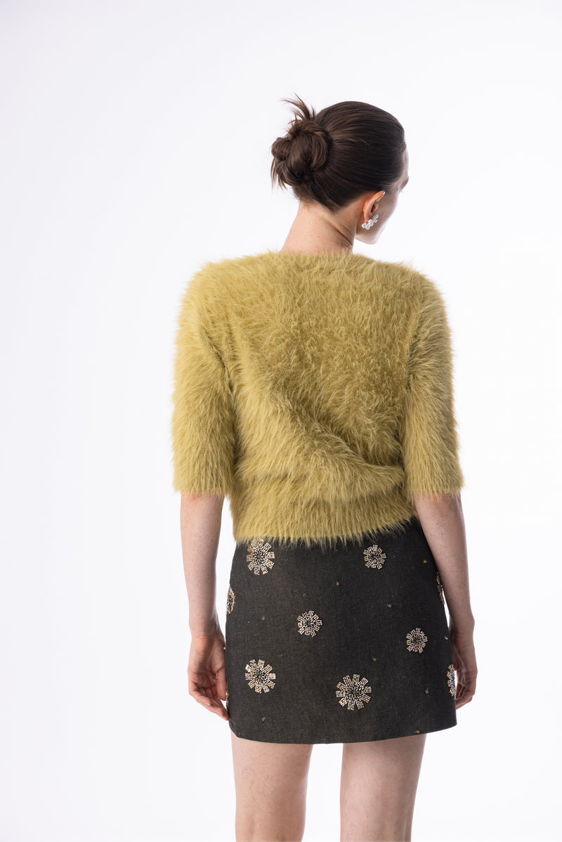 Short-sleeve fuzzy knit sweater