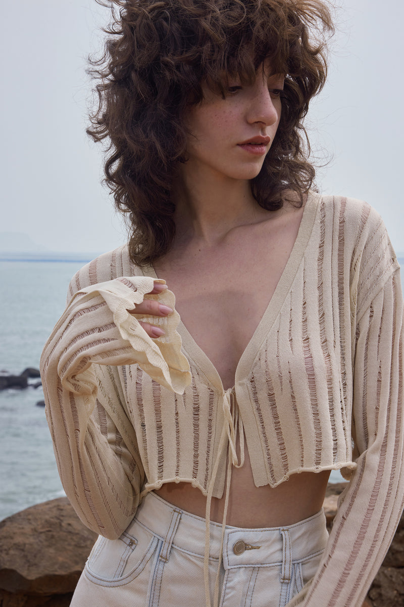 Shredded knit cropped cardigan