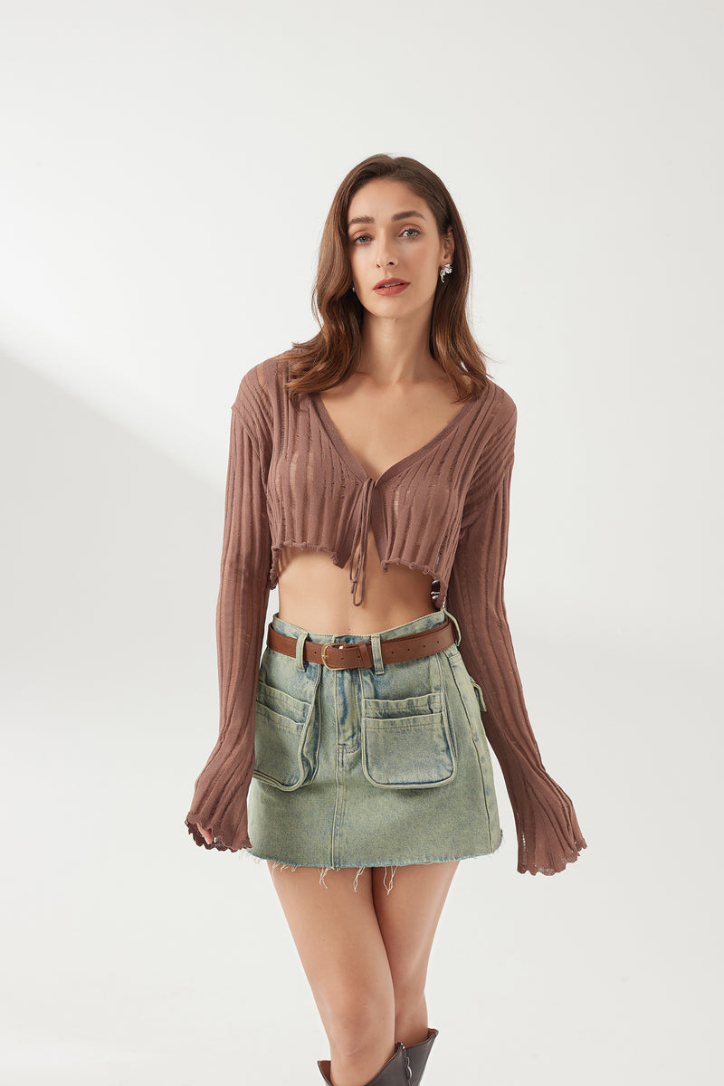 Shredded knit cropped cardigan