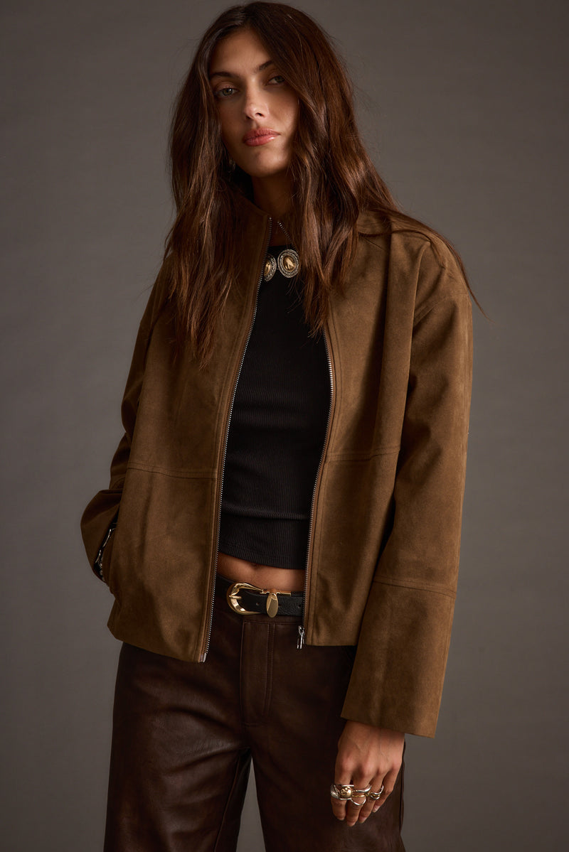 Sienna Brown Vegan Suede Jacket styled in a complete look from an alternate angle.