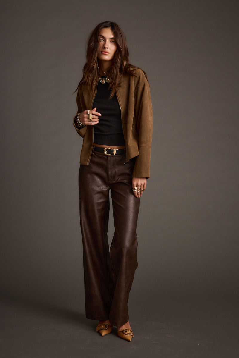 Sienna Brown Vegan Suede Jacket paired with complementary accessories for a polished look.