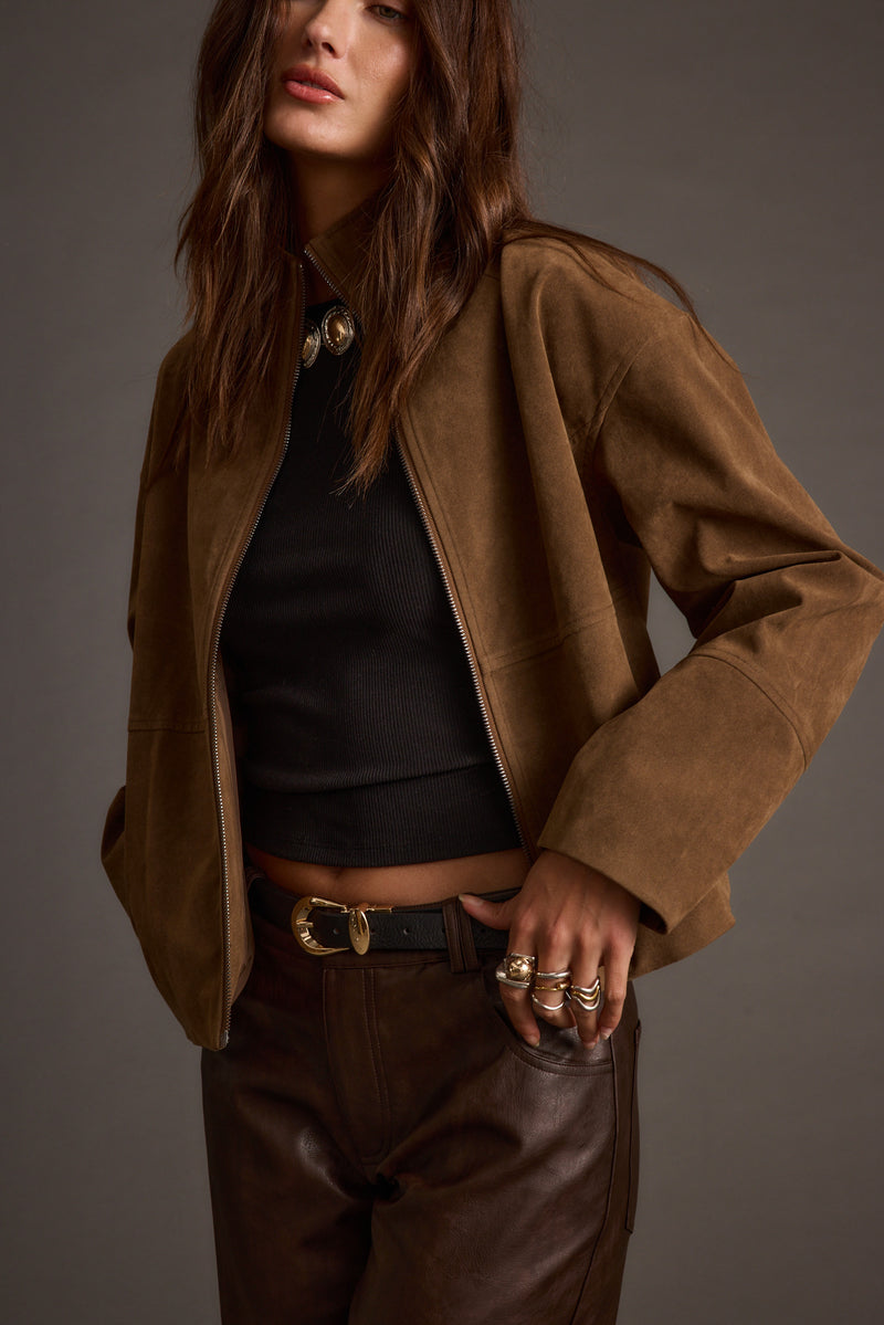 Detail shot of the Sienna Brown Vegan Suede Jacket highlighting the design elements.