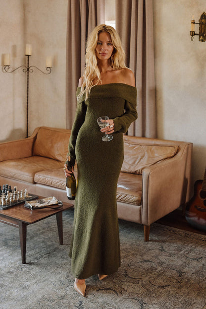 Olive maxi dress with elegant accents, a vacation maxi dress essential.