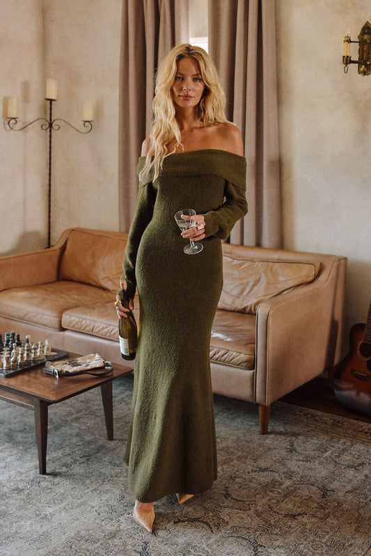 Olive maxi dress with elegant accents, a vacation maxi dress essential.