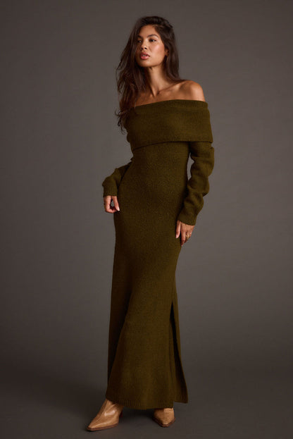 Simone Dark Olive Sweater Maxi Dress styled in a complete look from an alternate angle.