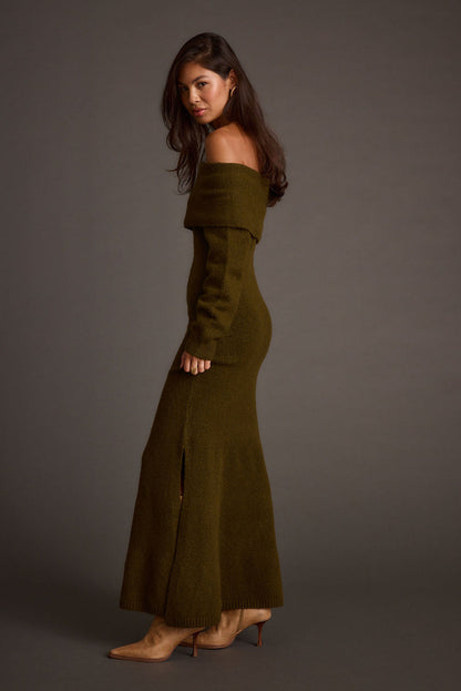Simone Dark Olive Sweater Maxi Dress paired with complementary accessories for a polished look.