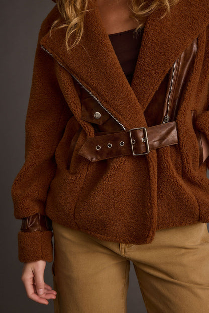 Back view of the mocha jacket showing the silhouette and fit.
