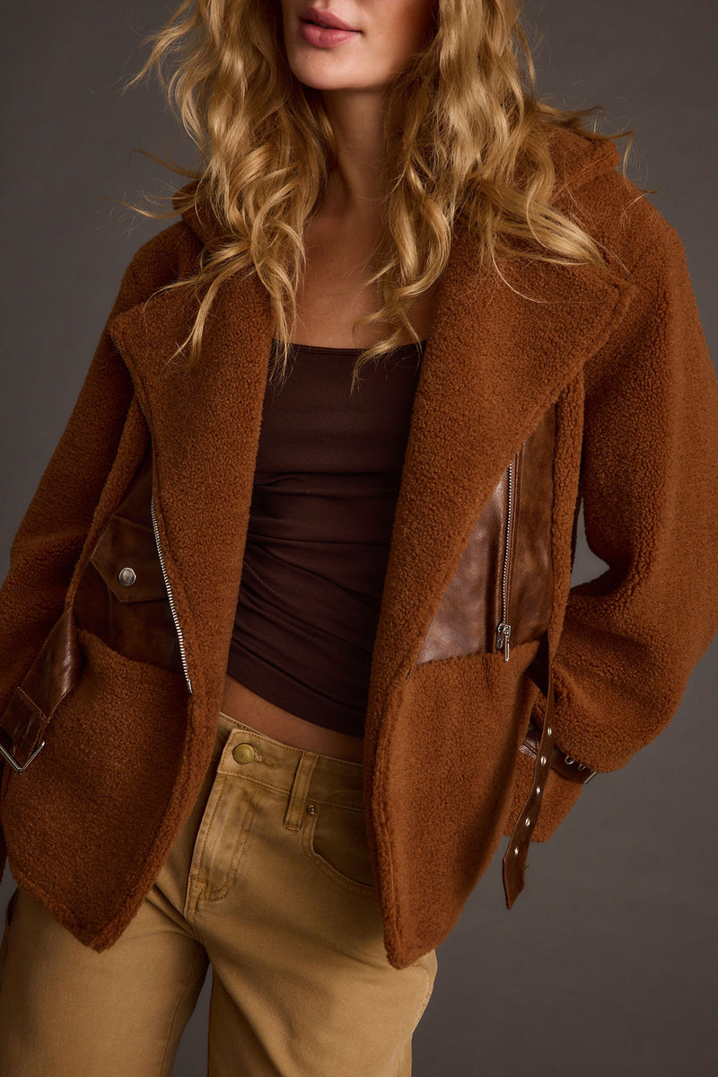 Slater Mocha Moto Sherpa Coat styled in a complete look from an alternate angle.