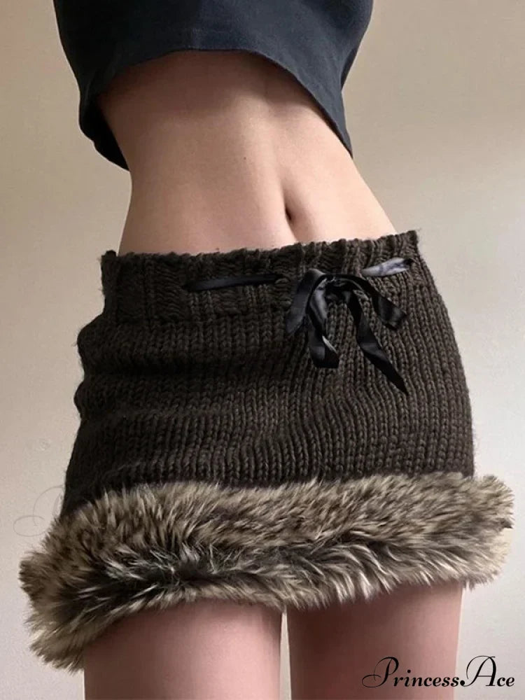 Slim Fit Frayed Hem Brown Mini Skirt