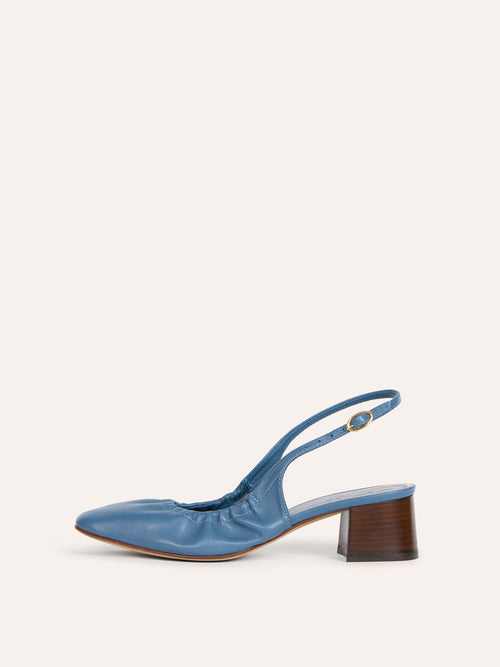 CATALANE denim-effect lambskin leather slingback pumps, front view by Rouje