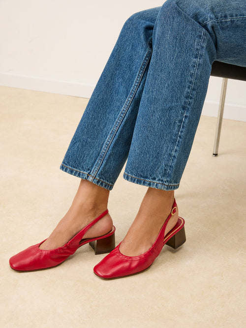 CATALANE red lambskin leather slingback pumps, front view by Rouje