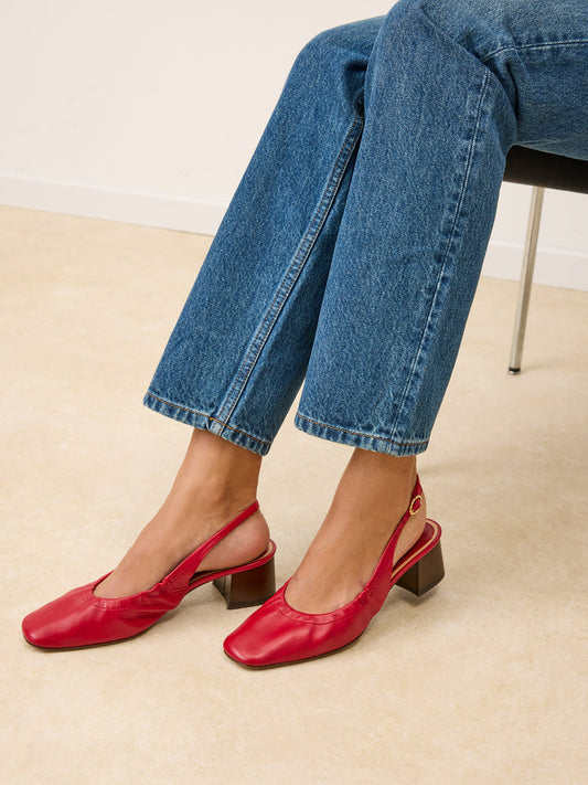 CATALANE red lambskin leather slingback pumps, front view by Rouje