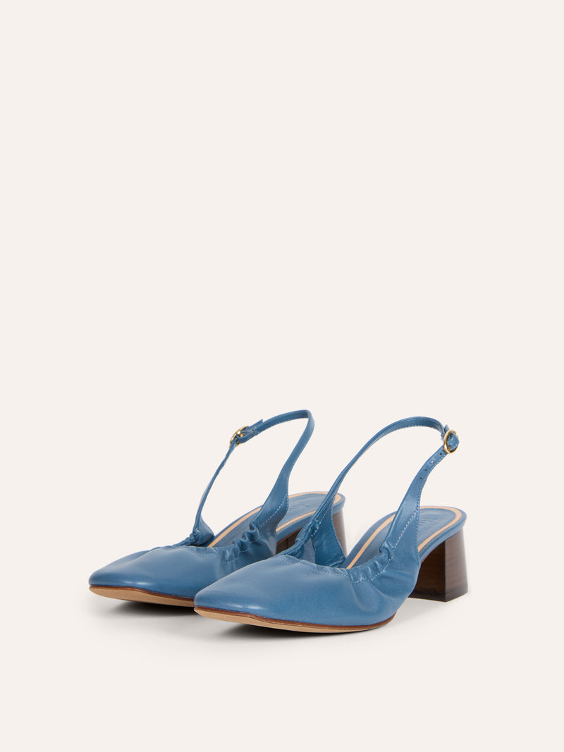 CATALANE denim-effect slingback pumps, side view by Rouje