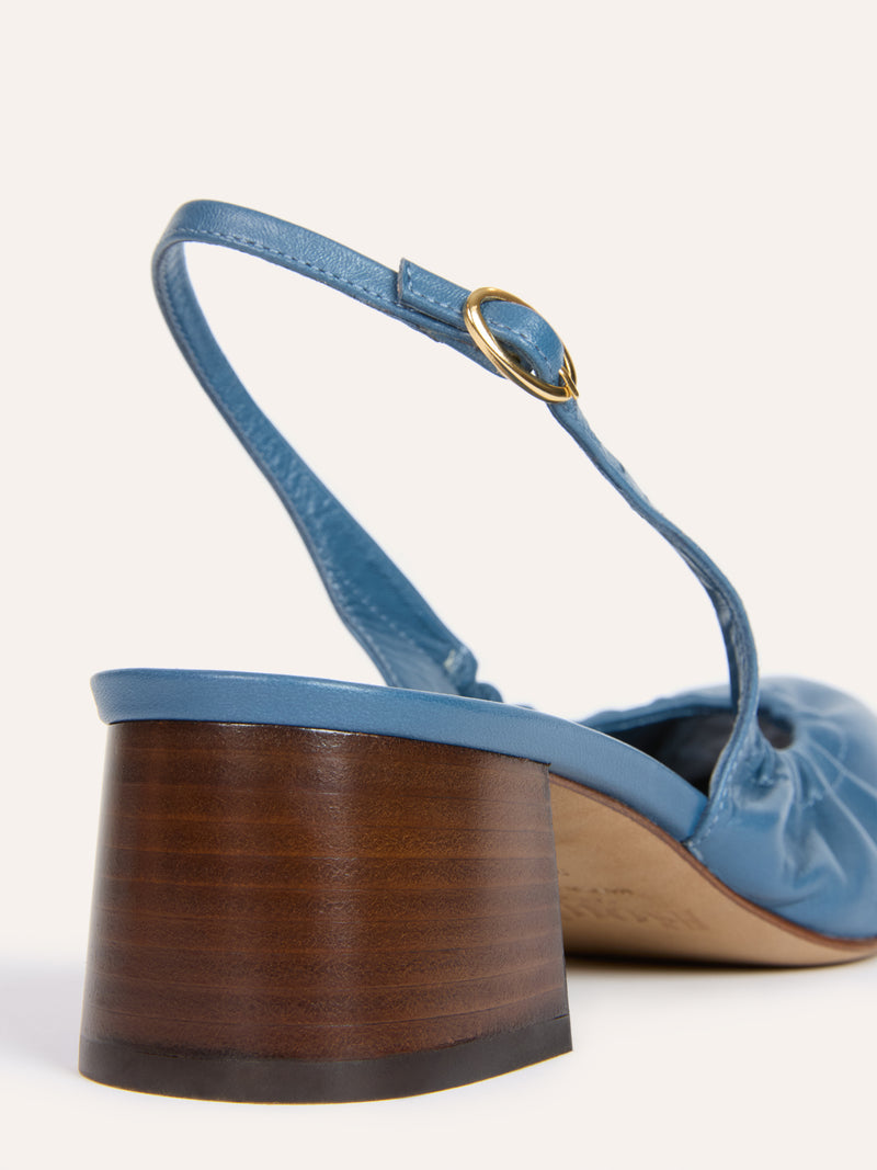 CATALANE denim-effect lambskin slingback pumps, back view by Rouje