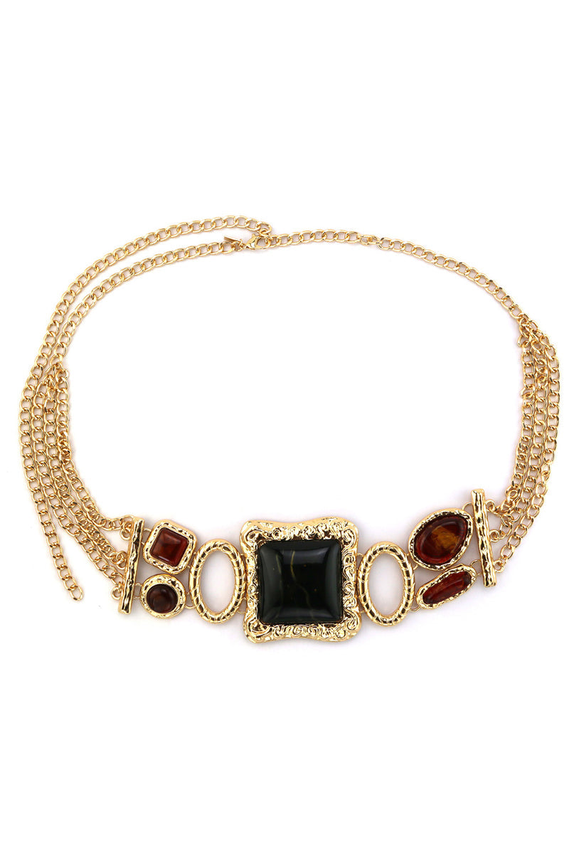 Soleil Statement Stone Gold Chain Belt styled in a complete look from an alternate angle.