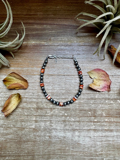 Sterling Silver Pearl Bracelet with Red-Orange Spiny Oyster Heishi