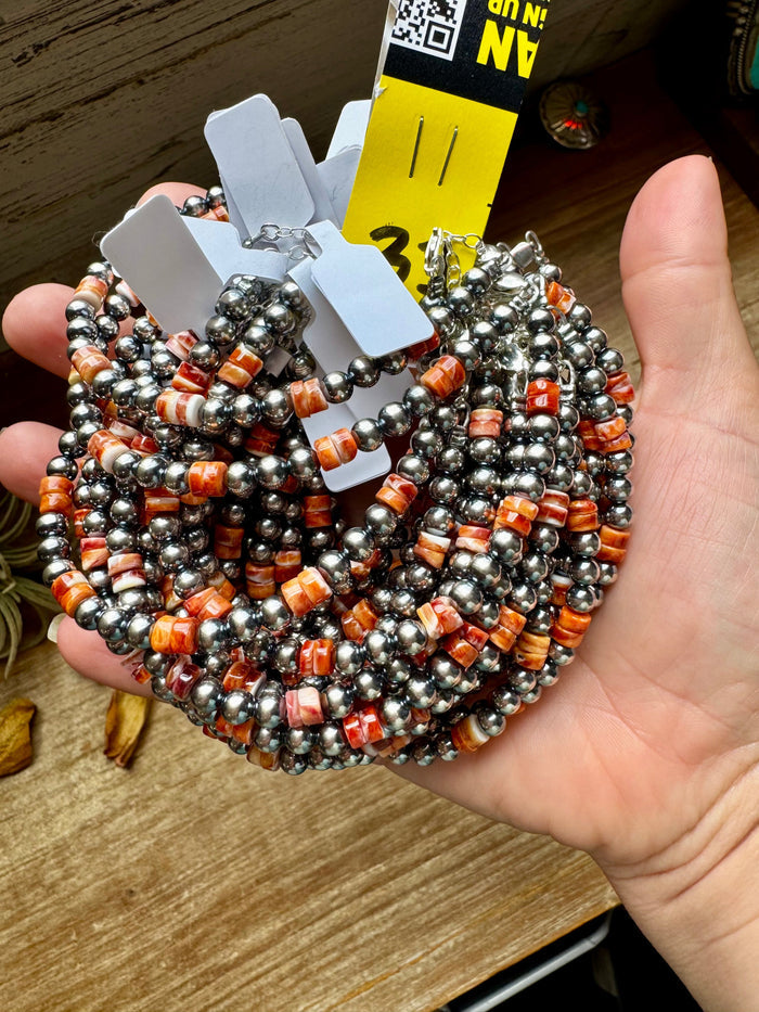 Sterling Silver Pearl Bracelet with Red-Orange Spiny Oyster Heishi
