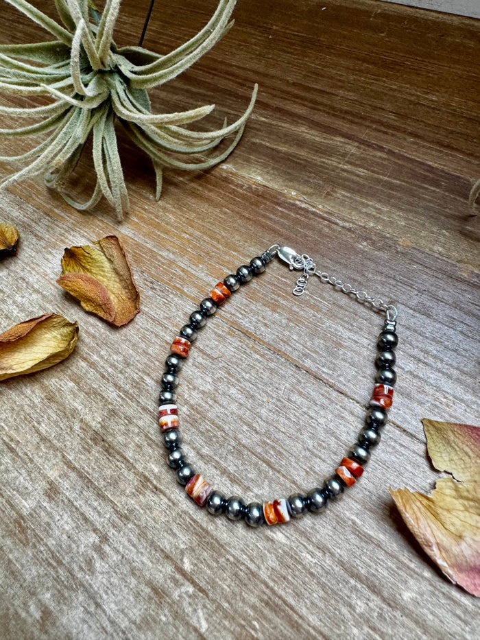 Sterling Silver Pearl Bracelet with Red-Orange Spiny Oyster Heishi
